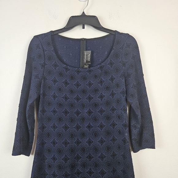 St John Jacquard Knit Black Navy Dress Half sleeve Scoop Neck Flare A Line 4 - Picture 3 of 7